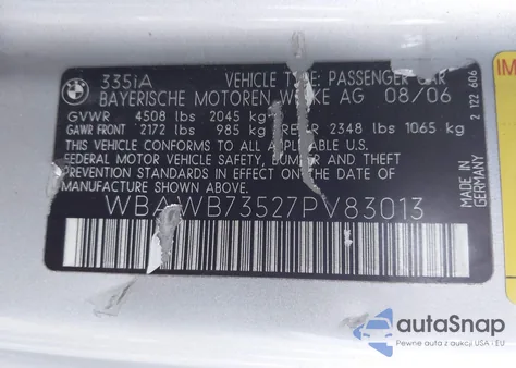 2007 BMW 335I z USA, uszkodzony, nr VIN WBAWB73527PV83013